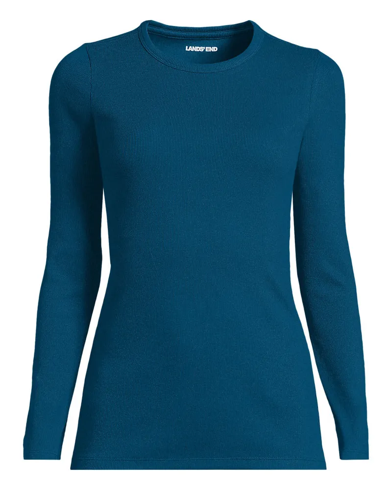 Lands' End Langarmshirt aus mikrofeinem Baumwollripp, Damen, Größe plus, Blau, Baumwolle/Elasthan, by Blau