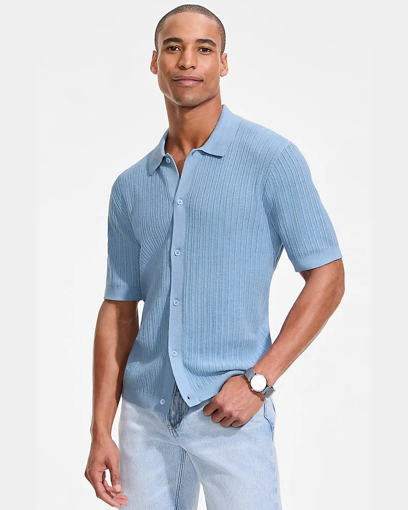 Lands' End Leichtes Feinstrick-Hemd aus Baumwolle, Herren, Größe regular, Blau, Baumwolle, by Blau