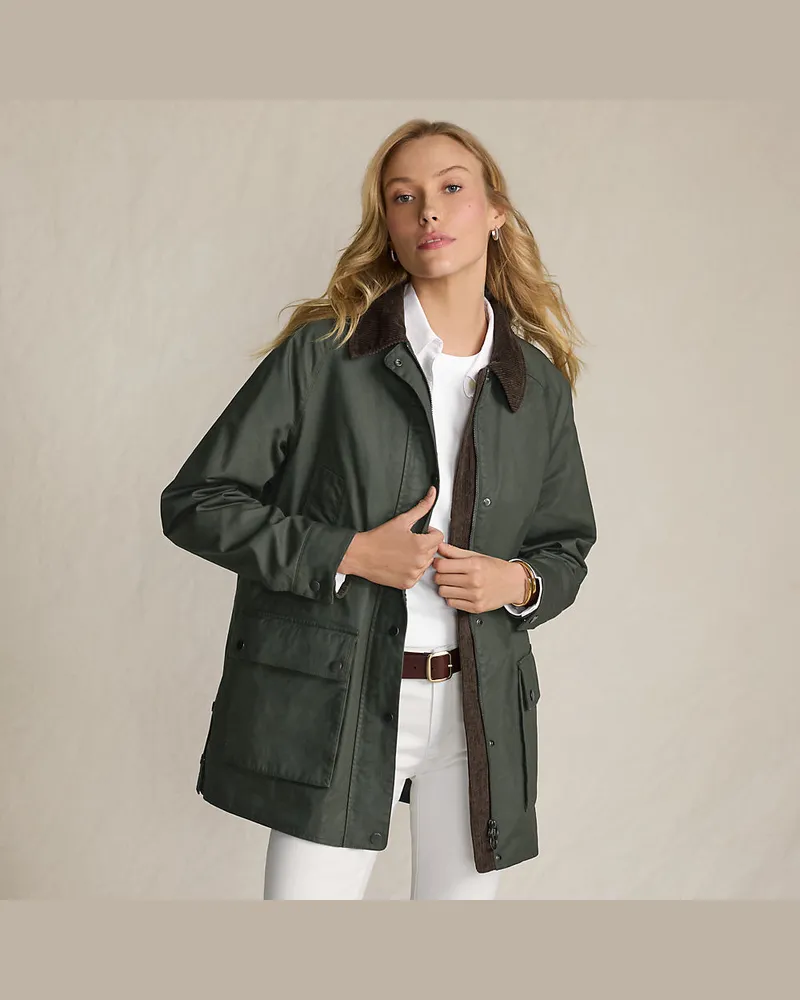 Lands' End Lange Wachsjacke aus Baumwolle, Damen, GrÃ¶ÃŸe regular, GrÃ¼n, Baumwoll-Mischung/Polyester-Mischung, by Grã¼n