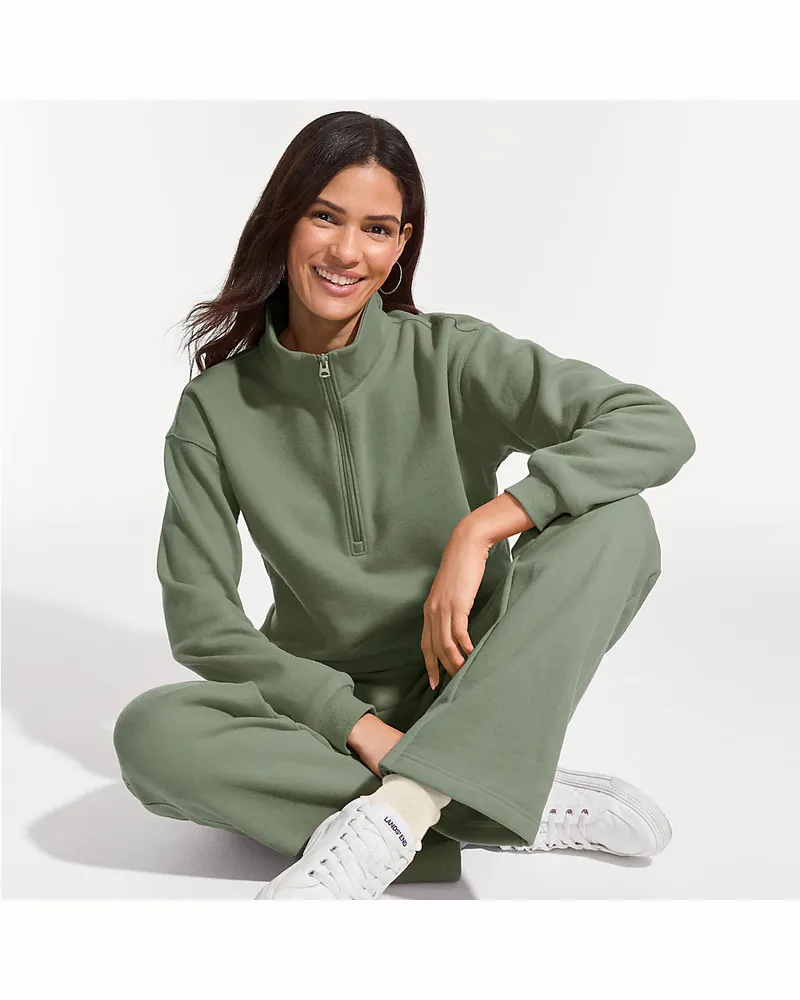 Lands' End Serious Sweats Pullover mit Reißverschluss, Damen, Größe regular, Grün, Baumwoll-Mischung/Polyester-Mischung, by Grün