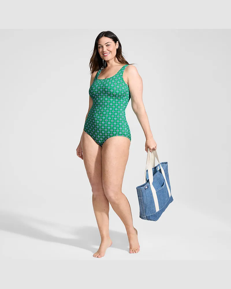 Lands' End Gemusterter Komfort-Badeanzug CHLORRESISTENT mit Soft Cups, Damen, Größe plus, Grün, Nylon-Mischung, by Grün