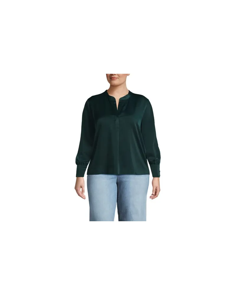 Lands' End Satinbluse mit langen Ärmeln, Damen, Größe plus, Grün, Polyester, by Grün