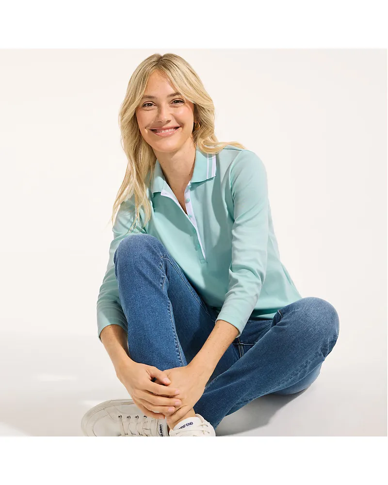 Lands' End Supima-Poloshirt mit 3/4-Ärmeln, Damen, Größe plus, Blau, Baumwolle, by Blau