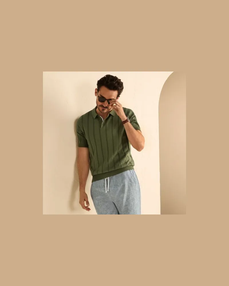 Lands' End Polo-Strickshirt mit vertikalen Ajourstreifen, Herren, Größe:44-46 regular, Grün, Baumwolle, by Grün
