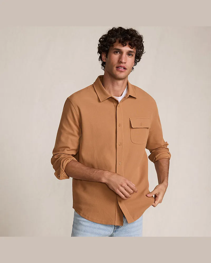 Lands' End Jacquard-Shirt mit V-Ausschnitt, Herren, Größe regular, Braun, Elasthan/Baumwoll-Mischung/Polyester-Mischung, by Braun