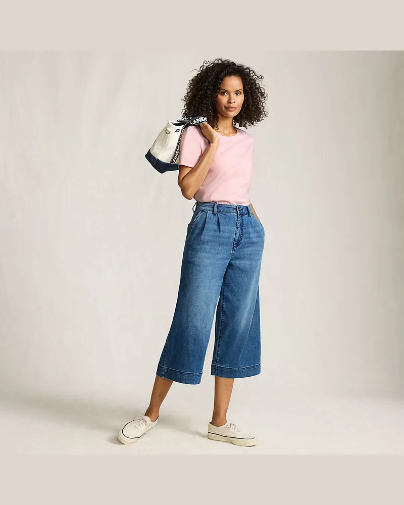 Lands' End Culotte-Jeans mit Bundfalten Mid Waist, Damen, Größe petite, Blau, Baumwolle/Polyester/Baumwoll-Mischung, by Blau
