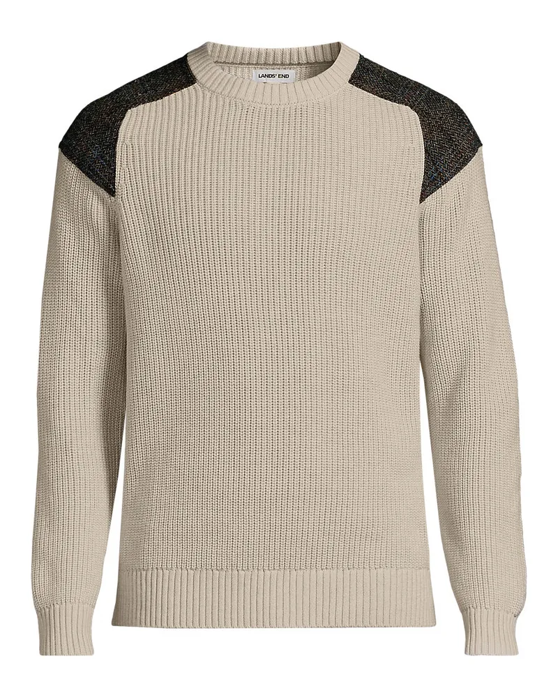 Lands' End Harris Tweed Strickpullover mit Tweed-Patches, Damen, Größe regular, Beige, Baumwolle, by Beige