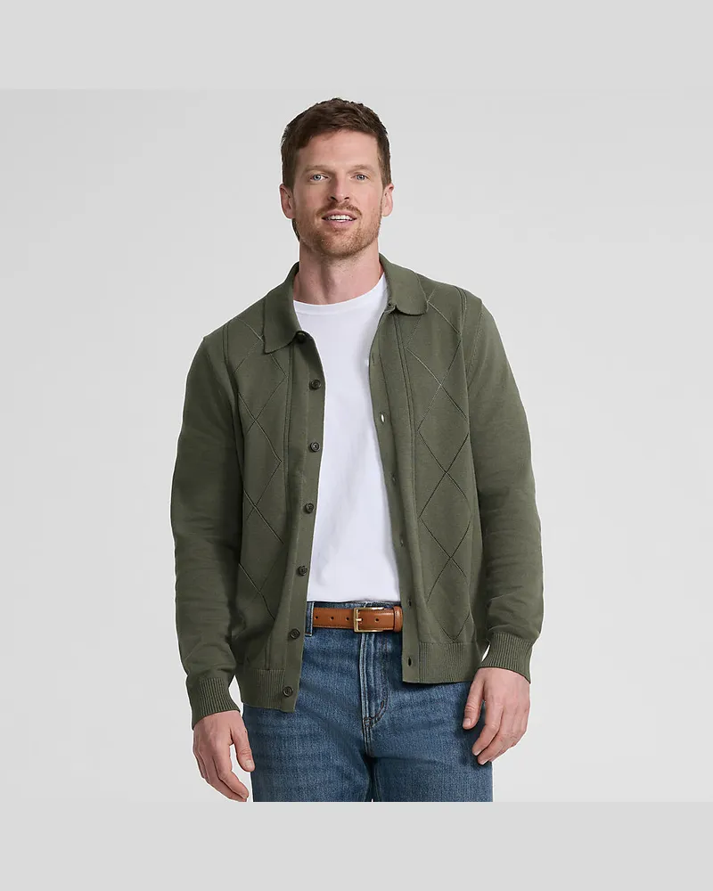 Lands' End Feinstrick-Cardigan aus reiner Baumwolle mit Argyle-Muster, Herren, GrÃ¶ÃŸe regular, GrÃ¼n, Baumwolle, by Grã¼n