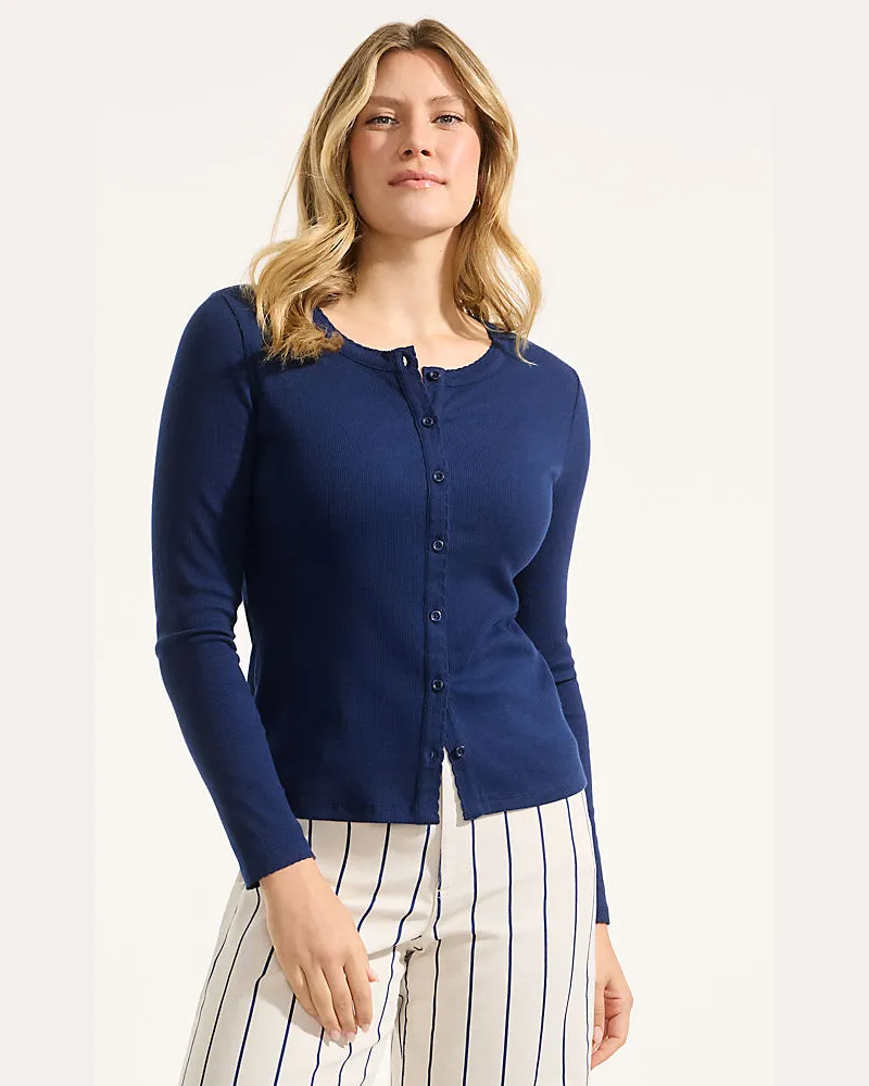Lands' End Rippshirt mit durchgehender Knopfreihe, Damen, Größe regular, Blau, Elasthan/Baumwoll-Mischung, by Blau