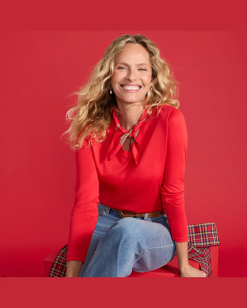 Lands' End Supima® Langarm-Shirt mit V-Ausschnitt, Damen, Größe regular, Rot, Baumwolle, by Rot