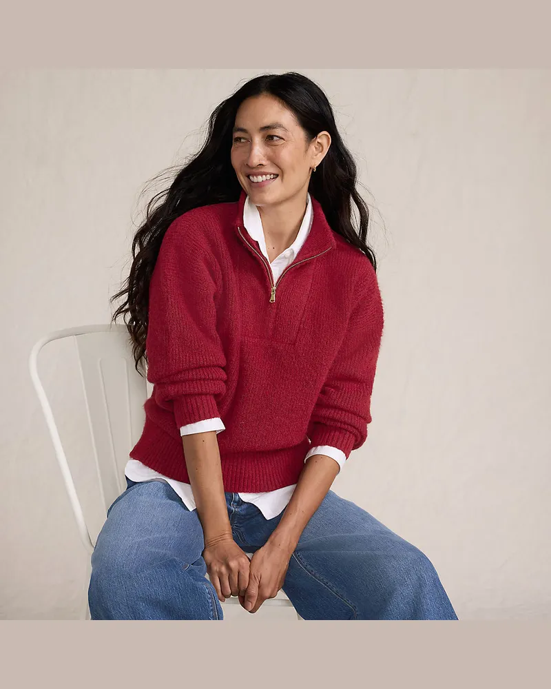 Lands' End Flauschiger Troyer-Pullover, Damen, Größe regular, Rot, Elasthan/Polyester-Mischung/Nylon-Mischung, by Rot