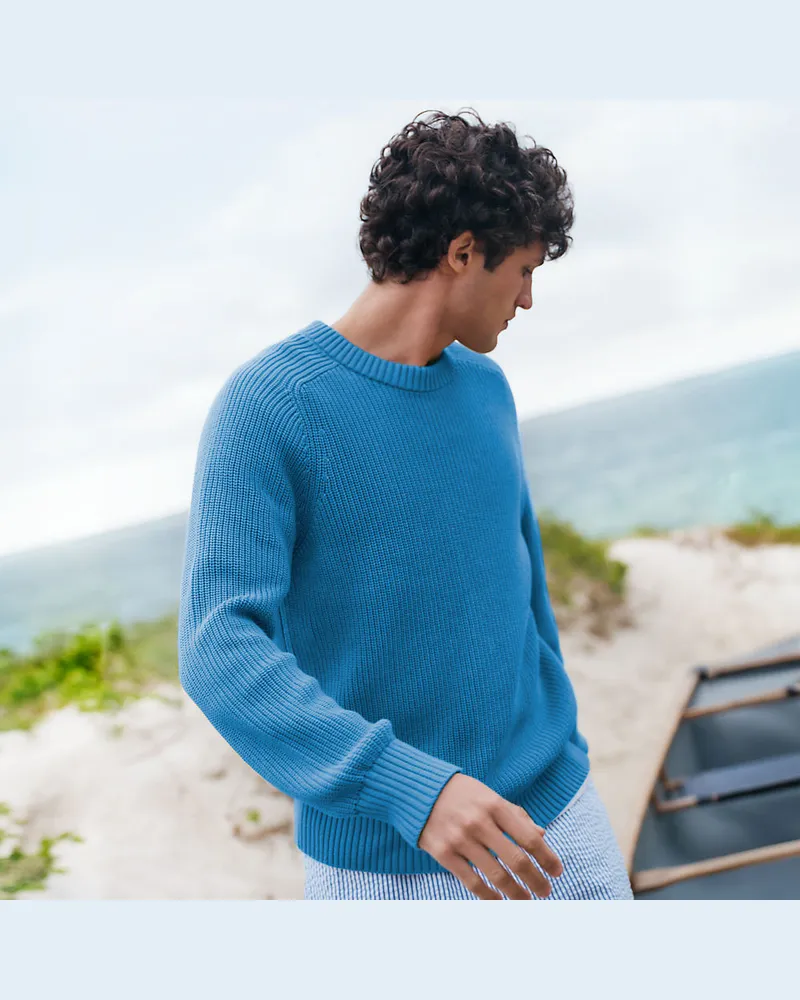 Lands' End Drifter Strukturstrick-Pullover, Herren, Größe regular, Blau, Baumwolle, by Blau
