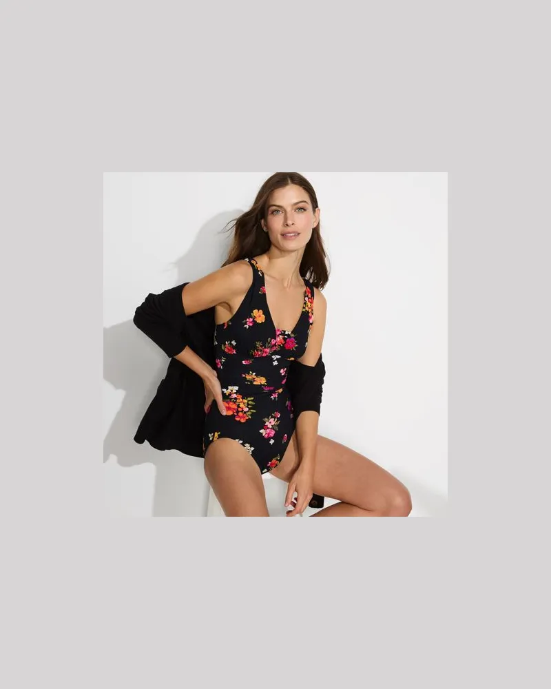 Lands' End Gemusterter Shape-Badeanzug mit V-Ausschnitt SLENDER, Damen, Größe regular, Schwarz, Elasthan/Nylon-Mischung, by Schwarz