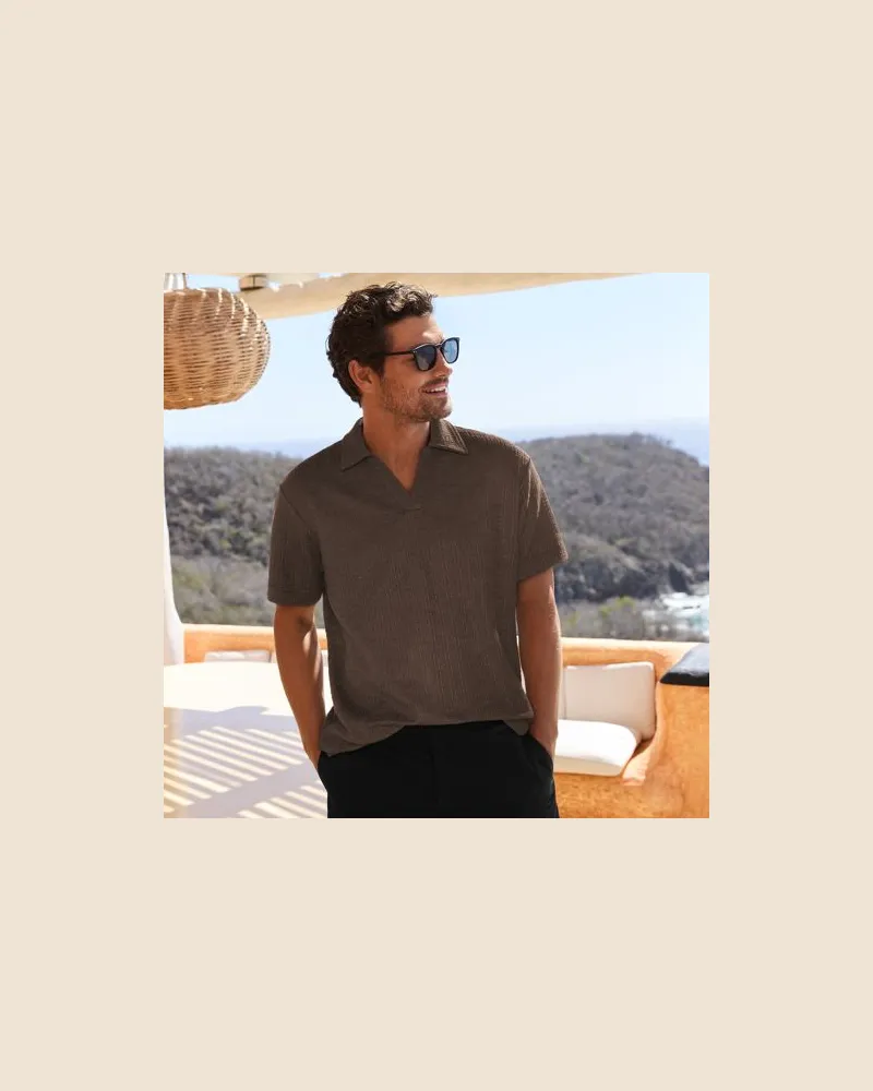 Lands' End Jacquard-Shirt mit V-Ausschnitt, Herren, Größe:60 regular, Braun, Baumwolle/Polyester, by Braun