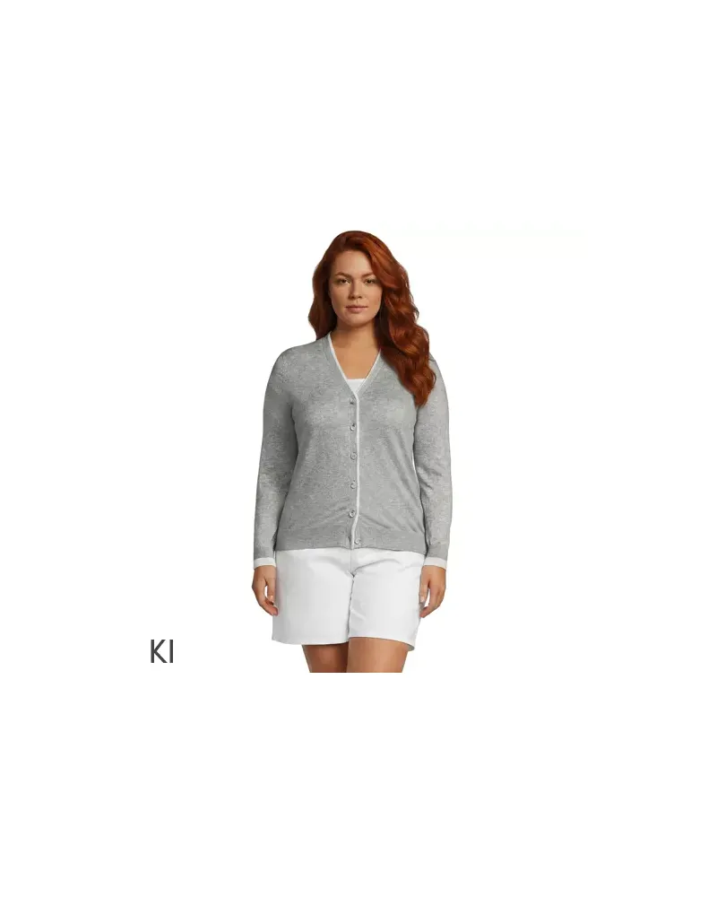 Lands' End Feinstrick-Baumwollcardigan mit unterlegtem Ausschnitt, Damen, Größe plus, Grau, Baumwolle, by Grau