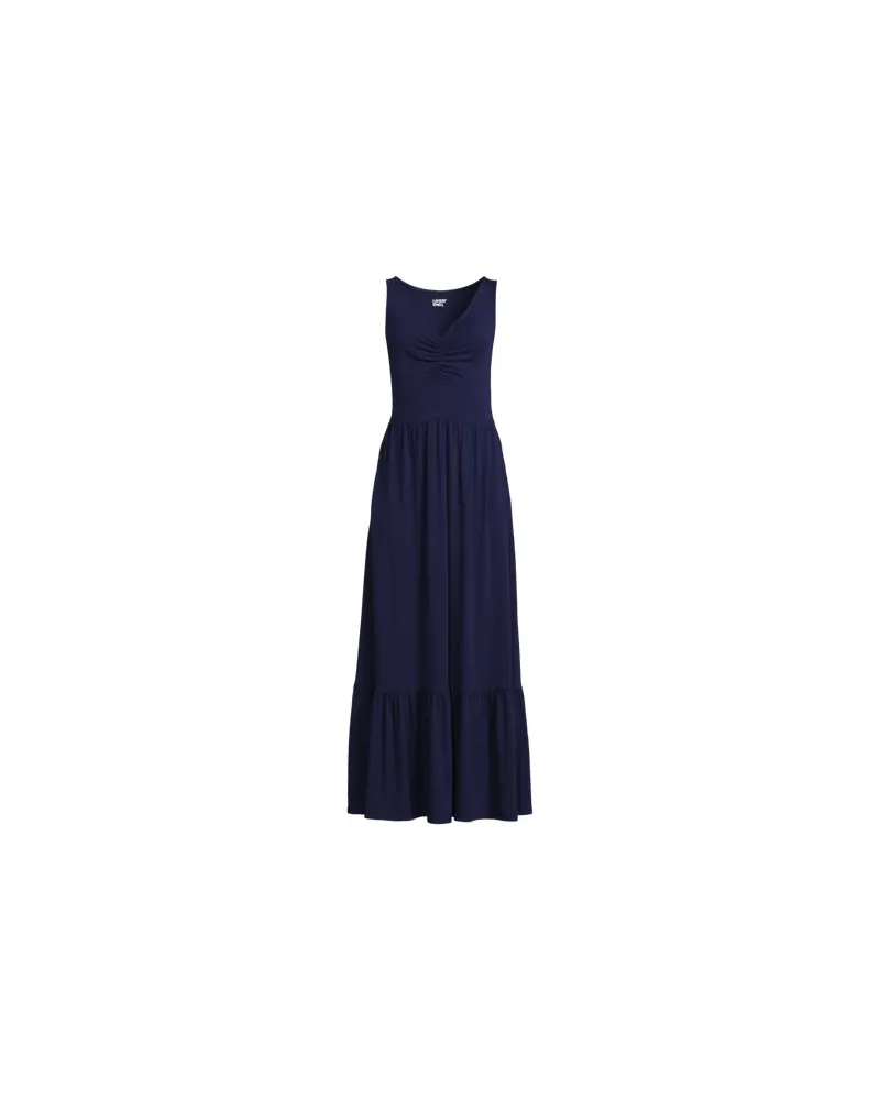Lands' End Maxikleid aus Baumwolle/Modal-Mix mit V-Ausschnitt, Damen, Größe:44-46 regular, Blau, Elasthan/Baumwoll-Mischung/Baumwolle Modal, by Blau