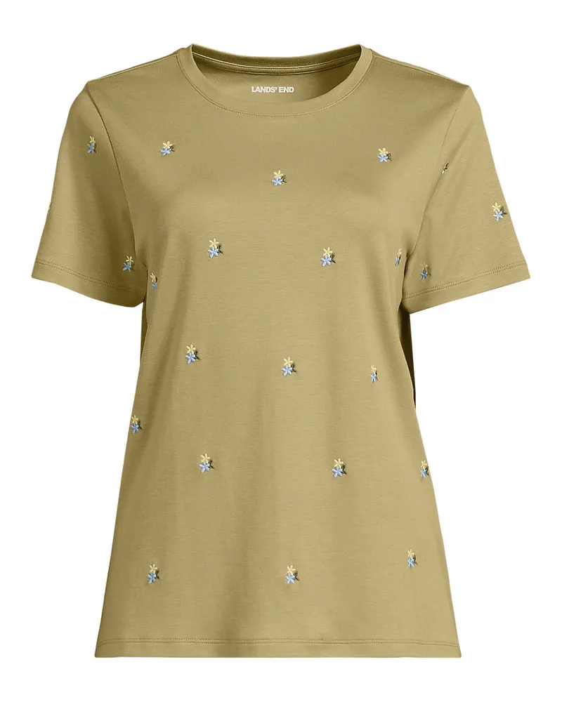 Lands' End Besticktes Supima Rundhalsshirt, Damen, Größe regular, Grün, Baumwolle, by Grün