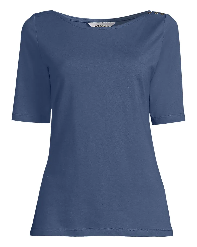 Lands' End SupimaÂ® T-Shirt mit U-Boot-Ausschnitt und geknÃ¶pfter Schulter, Damen, GrÃ¶ÃŸe petite, Blau, Baumwolle, by Blau