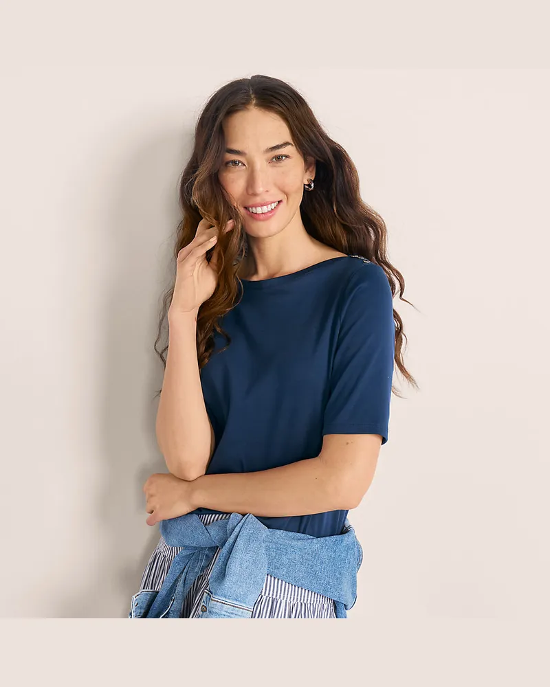 Lands' End Supima-Shirt aus Baumwolle mit U-Boot-Ausschnitt, Damen, Größe regular, Blau, Baumwolle, by Blau