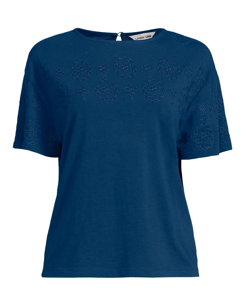 Lands' End Flammgarn-Shirt mit Stickereien, Damen, GrÃ¶ÃŸe regular, Blau, Baumwolle, by Blau