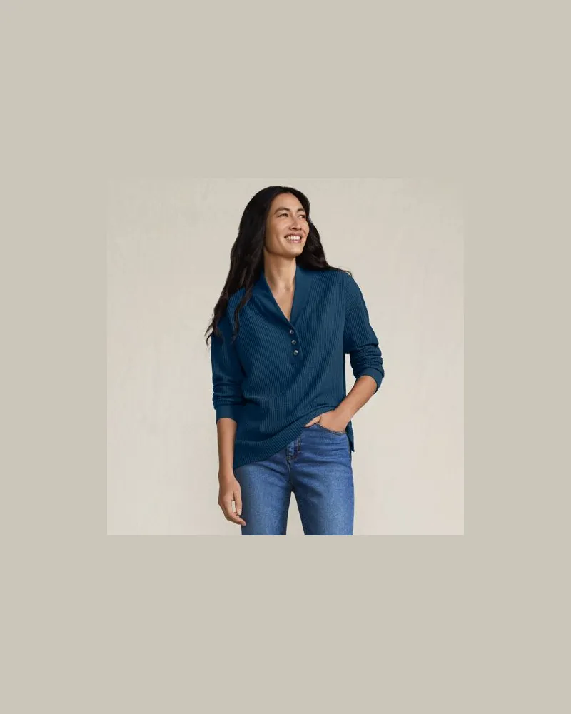 Lands' End Waffelstrick-Henleyshirt, Damen, Größe:44-46 regular, Blau, Baumwoll-Mischung/Polyester-Mischung, by Blau