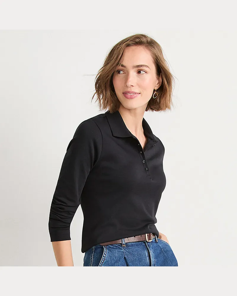 Lands' End Supima-Poloshirt mit langen Ärmeln, Damen, Größe regular, Schwarz, Baumwolle, by Schwarz