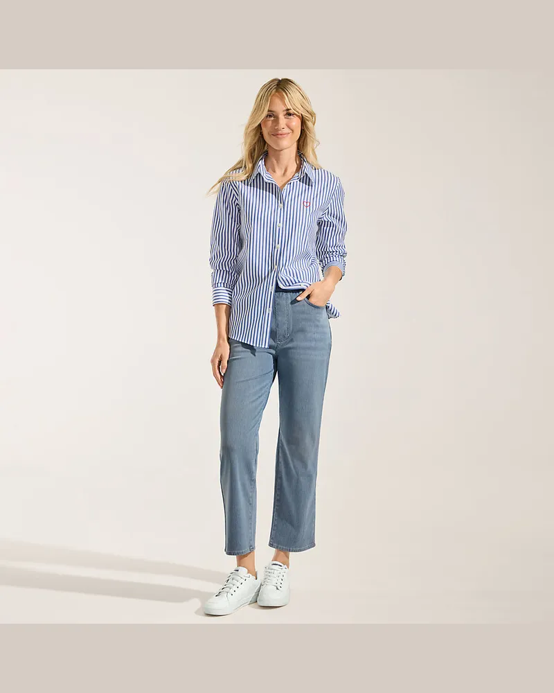 Lands' End High Waist Starfish Straight Fit Knit Denim 7/8-Schlupfjeans, Damen, Größe petite, Blau, Elasthan/Baumwoll-Mischung/Polyester-Mischung, by Lands' En Blau