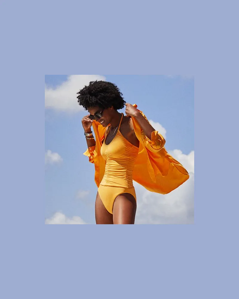 Lands' End Wandelbarer Neckholder-Badeanzug, hoher Beinausschnitt, Damen, Größe regular, Orange, Nylon-Mischung, by Orange