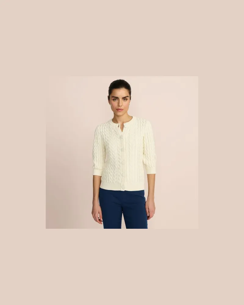 Lands' End Baumwoll-Zopfmustercardigan mit 3/4-Ärmeln, Damen, Größe:40-42 regular, Weiß, Baumwolle, by Weiß