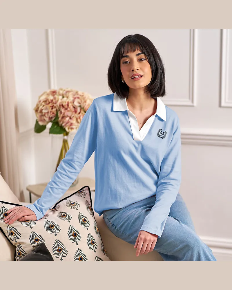Lands' End Langärmeliges Poloshirt mit Webkragen, Damen, Größe regular, Blau, by Blau