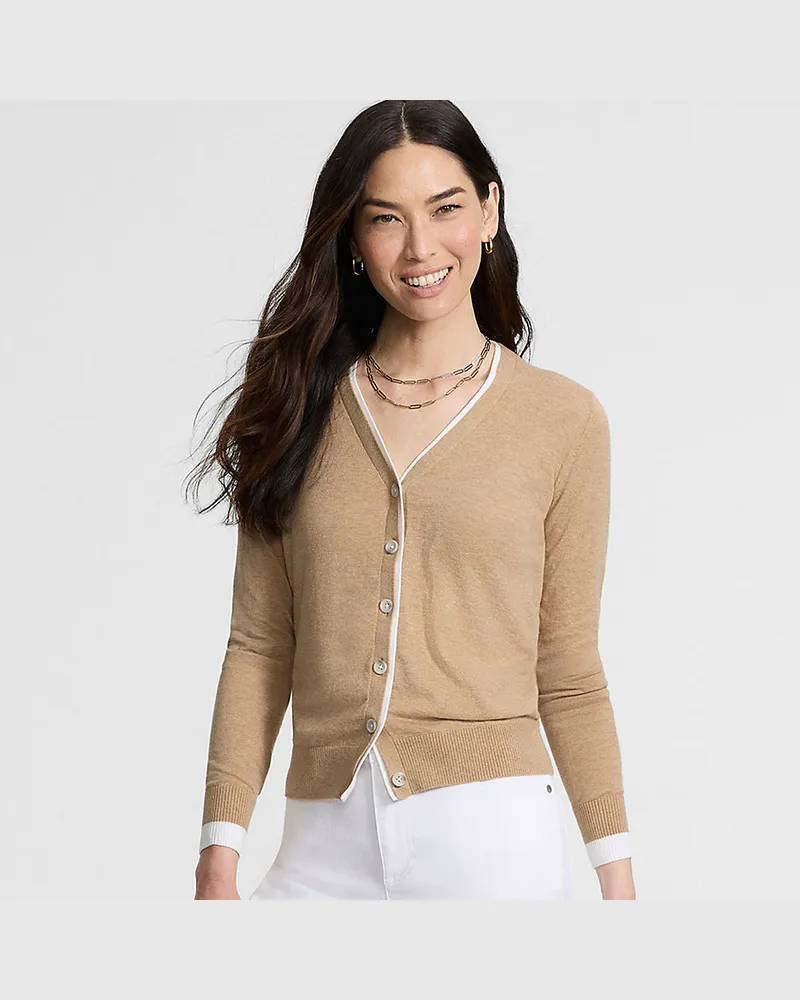 Lands' End Feinstrick-Baumwollcardigan mit unterlegtem Ausschnitt, Damen, Größe regular, Beige, Baumwolle, by Beige