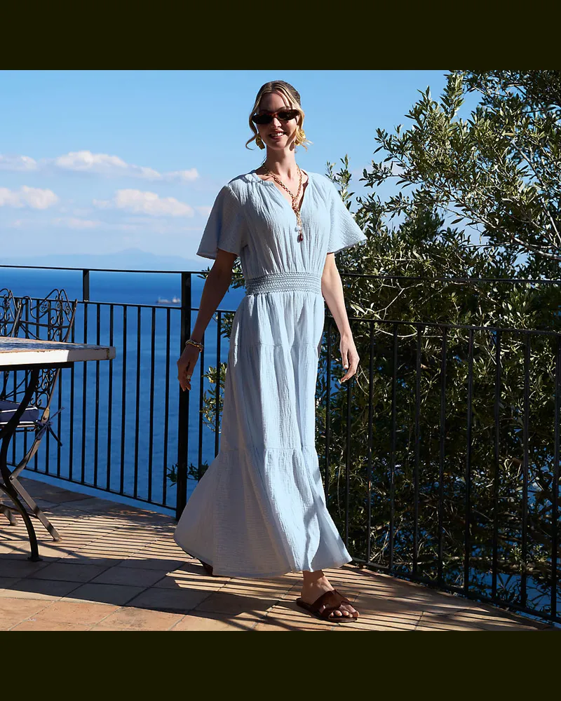 Lands' End Stufen-Maxikleid aus Musselin, Damen, Größe regular, Blau, Baumwolle, by Blau