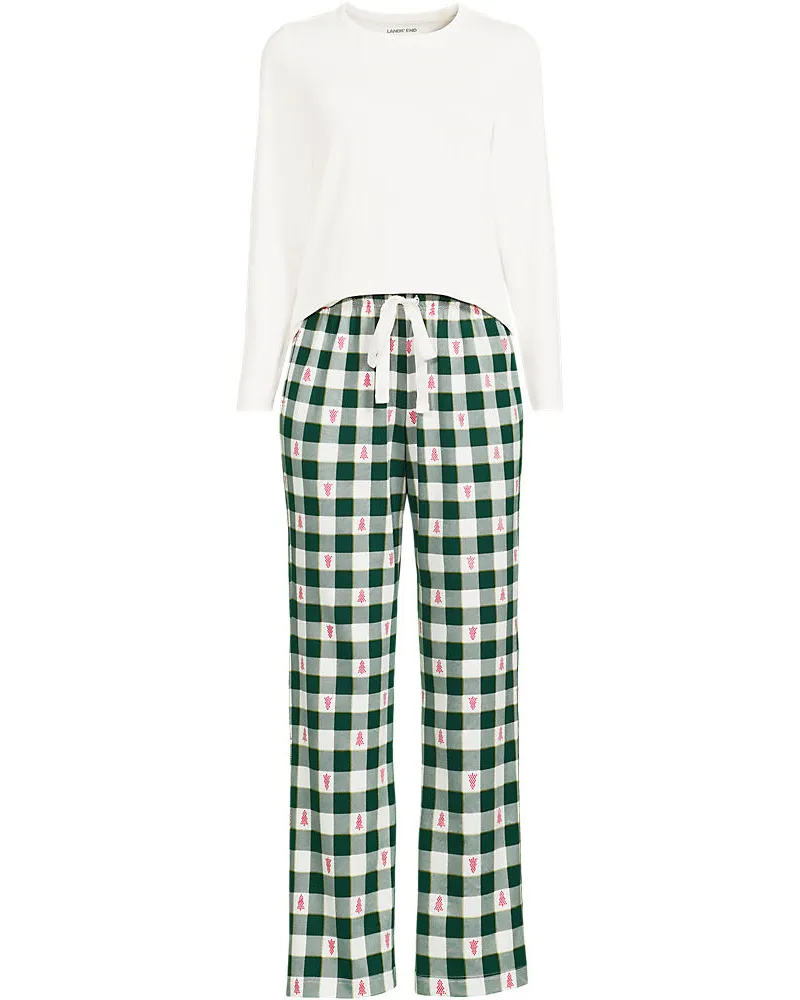 Lands' End Gemustertes Pyjama-Set aus Baumwoll-Jersey, Damen, Größe regular, Grün, Elasthan/Baumwoll-Mischung, by Grün