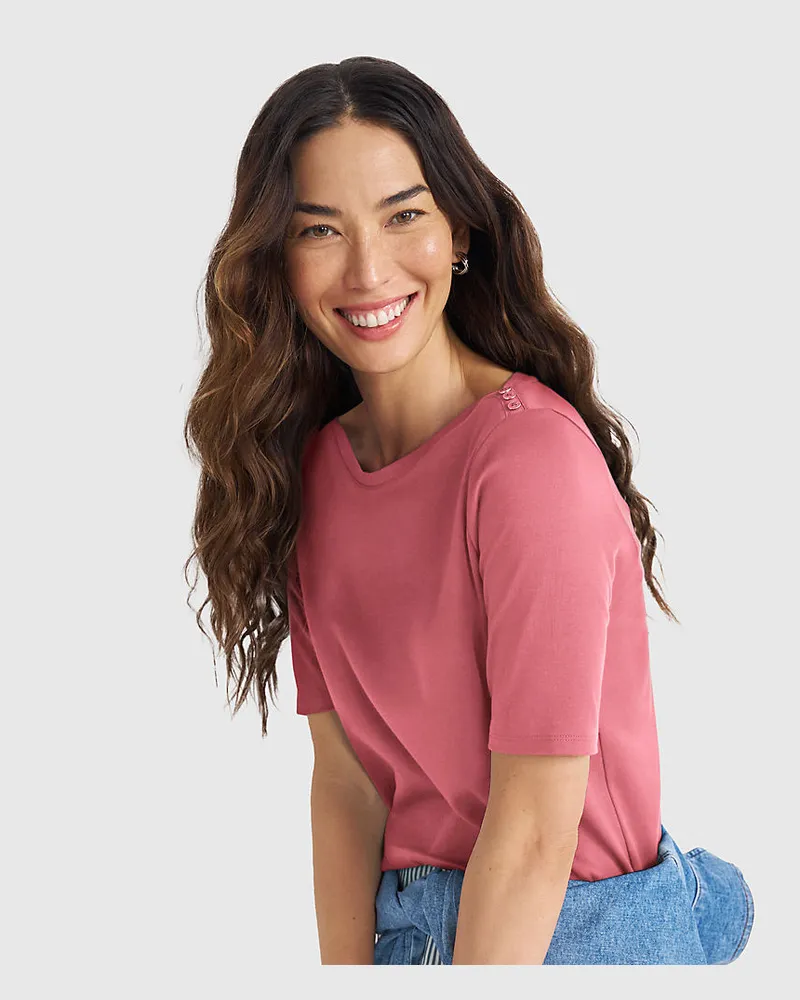 Lands' End Supima-Shirt aus Baumwolle mit U-Boot-Ausschnitt, Damen, Größe petite, Rot, Baumwolle, by Rot