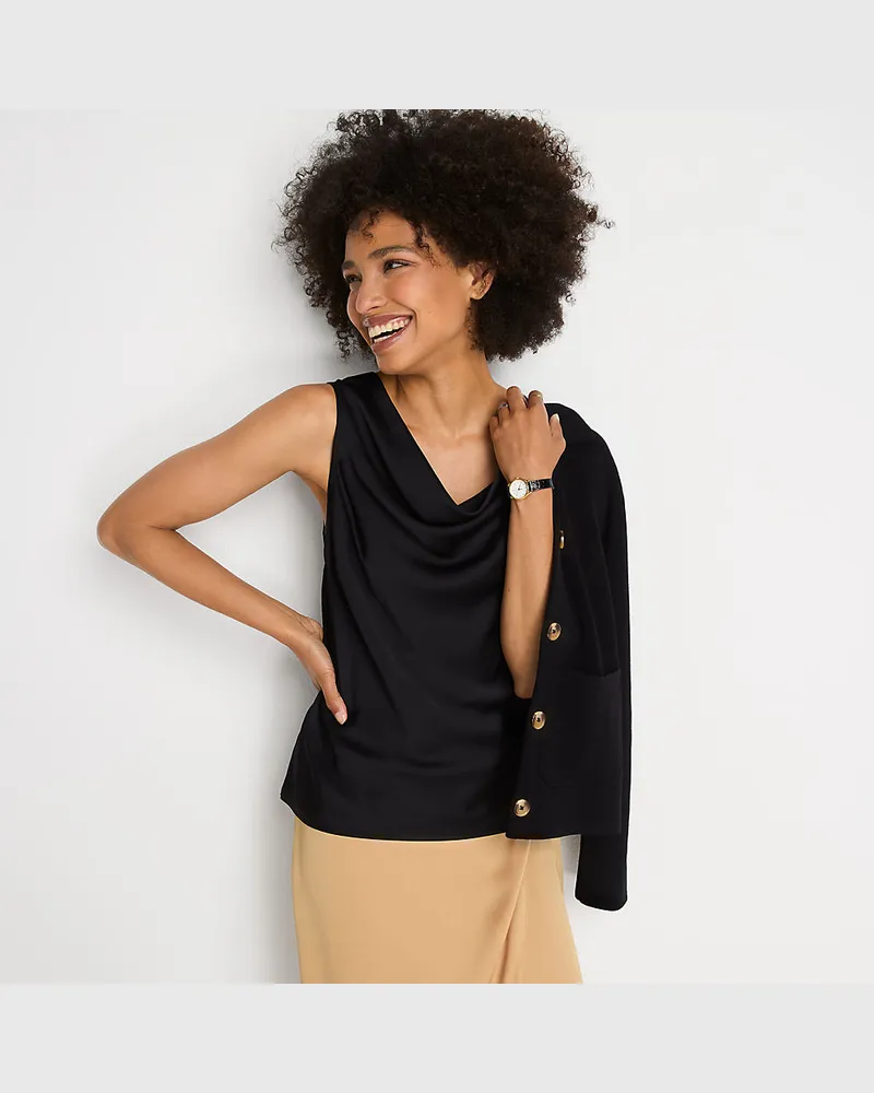 Lands' End Satin-Top mit Wasserfallausschnitt, Damen, Größe regular, Schwarz, Polyester, by Schwarz