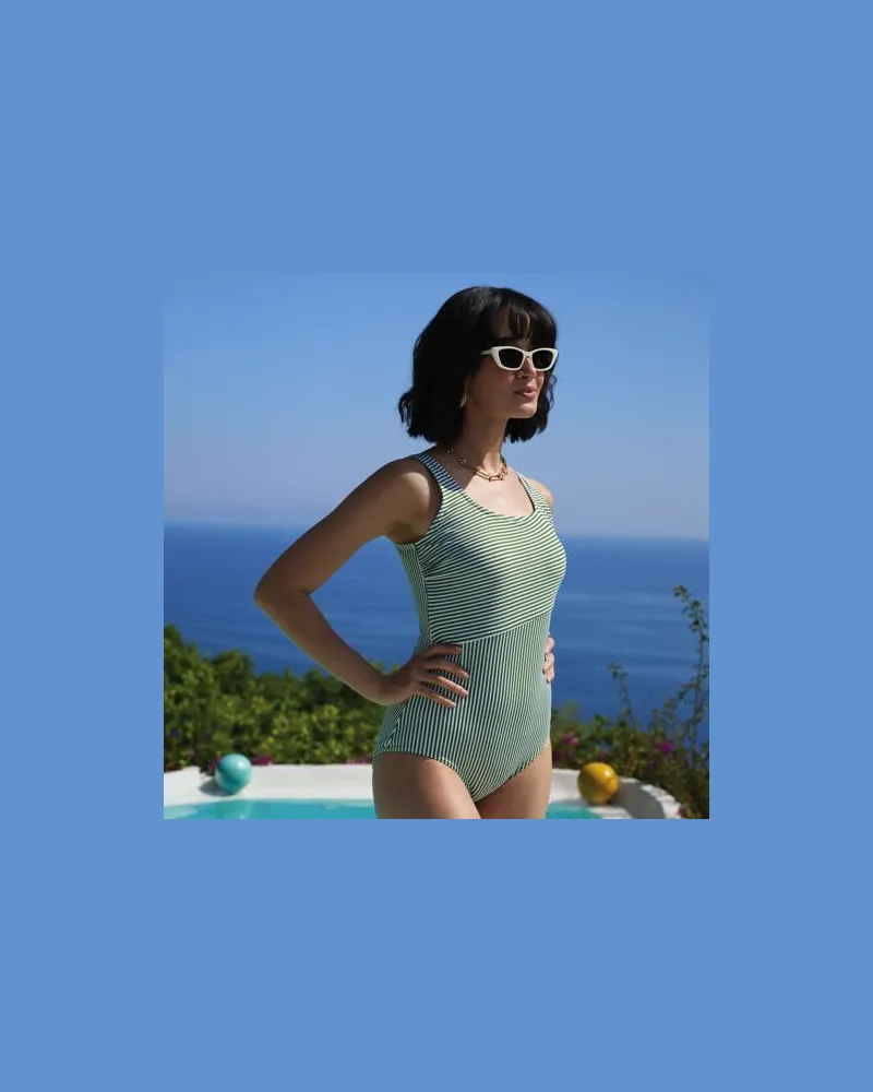Lands' End Komfort-Badeanzug CHLORRESISTENT mit Soft Cups und Colorblock-Streifen in Lang-Größe, Damen, Größe regular, Grün, Nylon-Mischung, by Grün