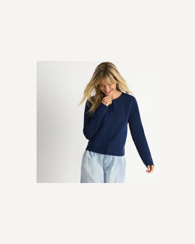 Lands' End Kragenloser Feinstrick-Blazer, Damen, Größe petite, Blau, Baumwolle, by Blau