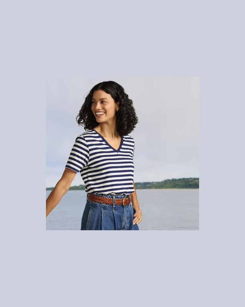 Lands' End Supima Kurzarm-Shirt mit V-Ausschnitt, Damen, Größe petite, Blau, Baumwolle, by Blau