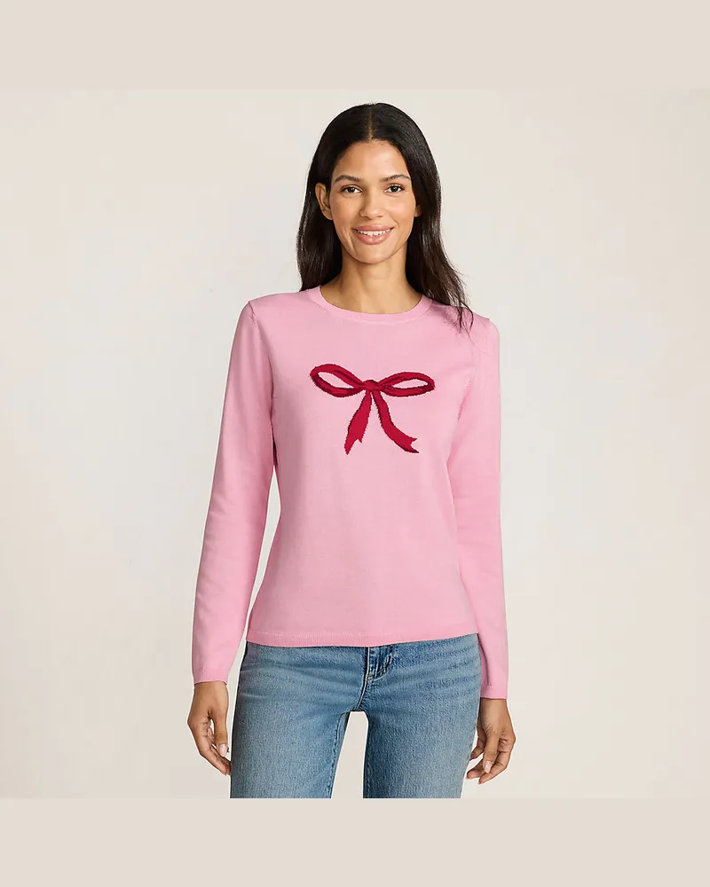 Lands' End Feinstrick-Weihnachtspullover Schleife, Damen, Größe regular, Pink, Baumwolle/Polyester/Metall, by Pink