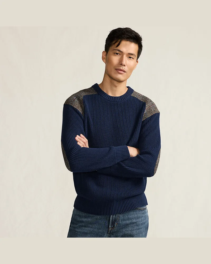 Lands' End Harris Tweed Strickpullover mit Tweed-Patches, Damen, Größe regular, Blau, Baumwolle, by Blau