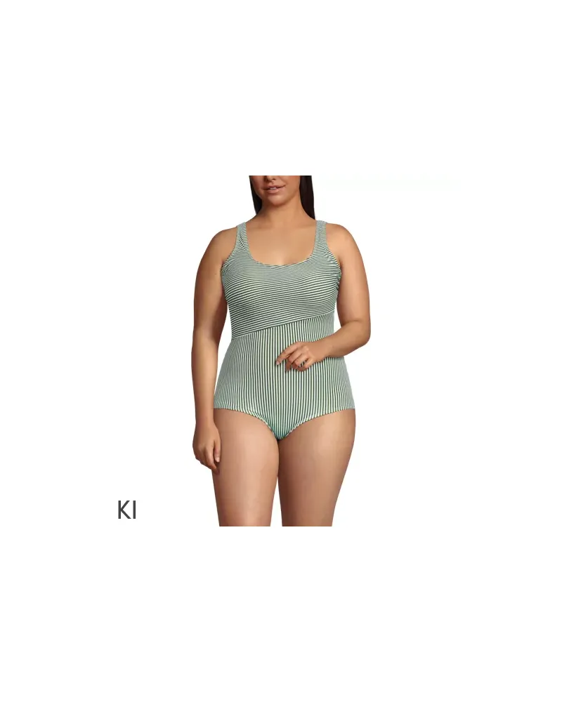 Lands' End Komfort-Badeanzug CHLORRESISTENT mit Soft Cups und Colorblock-Streifen, Damen, Größe plus, Grün, Nylon-Mischung, by Grün