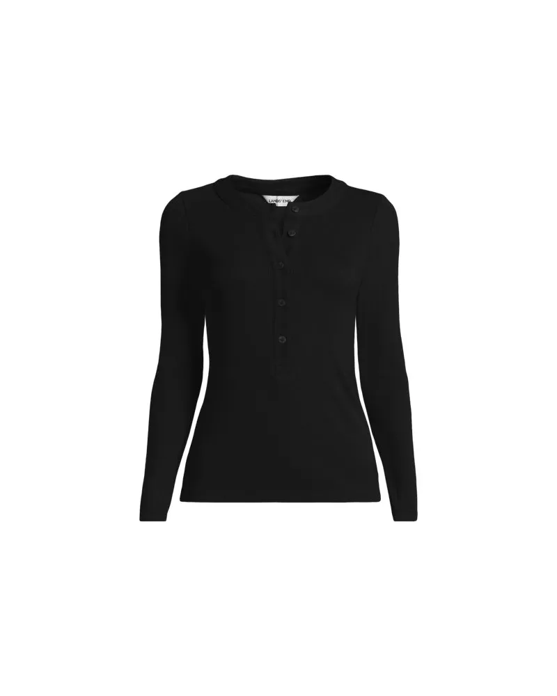 Lands' End Langarm-Henleyshirt aus Ripp-Jersey, Damen, Größe plus, Schwarz, Viskose-Mischung/Polyester-Mischung, by Schwarz