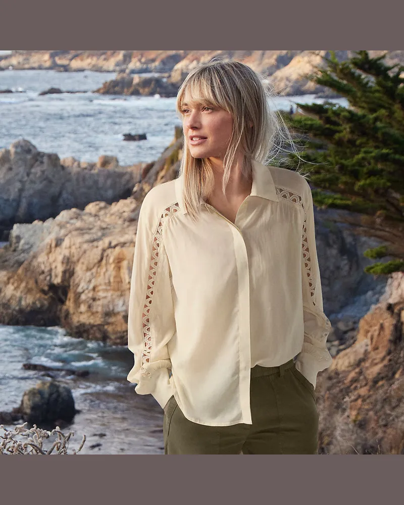 Lands' End Geraffte Bluse aus Voile mit Spitzeneinsätzen, Damen, Größe regular, Beige, Baumwoll-Mischung/Viskose-Mischung, by Beige