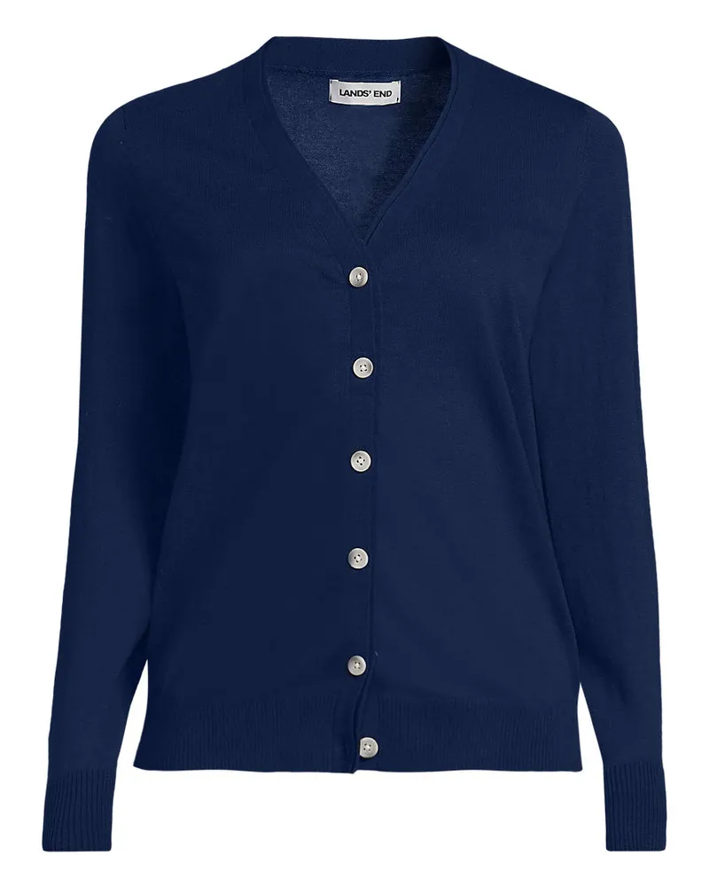 Lands' End Feinstrick-Baumwollcardigan mit unterlegtem Ausschnitt, Damen, Größe regular, Blau, Baumwolle, by Blau