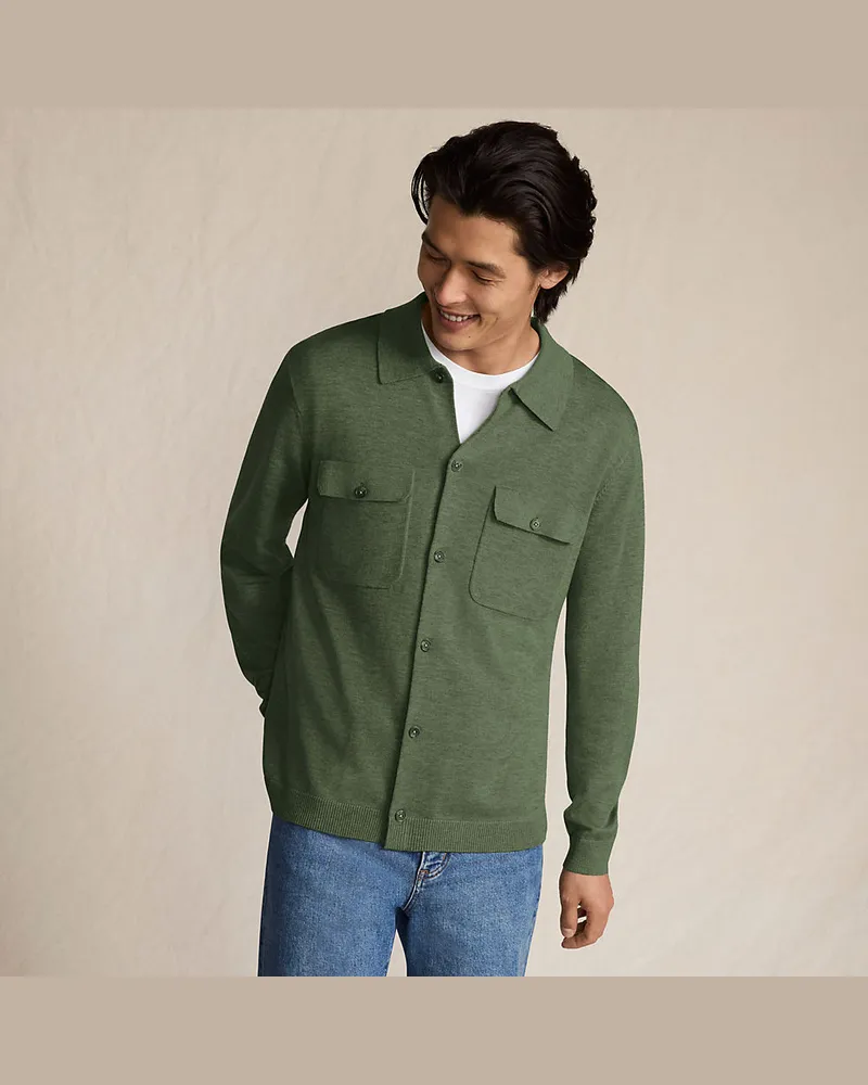 Lands' End Jersey-Sweaterjacke mit Brusttaschen, Herren, Größe regular, Grün, Wolle/Polyester/Polyacryl, by Grün