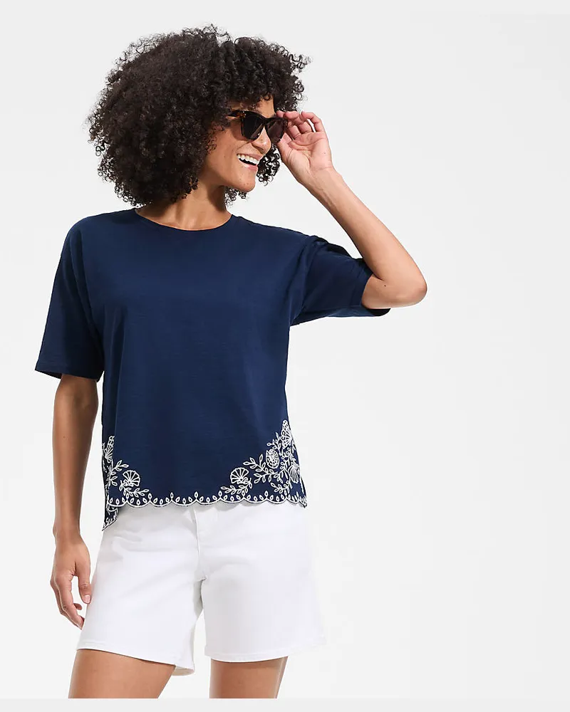 Lands' End Flammgarn-Shirt mit Saumstickerei, Damen, Größe regular, Blau, Baumwolle, by Blau