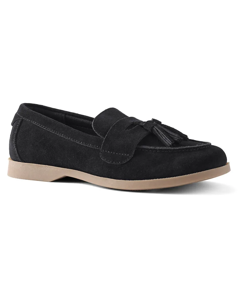 Lands' End Veloursleder-Loafer mit Tasseln, Damen, Größe regular, Schwarz, Rauleder, by Schwarz