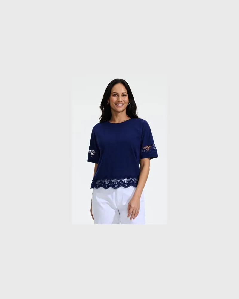 Lands' End Flammgarn-Shirt mit Bordüren, Damen, Größe petite, Blau, Baumwolle, by Blau