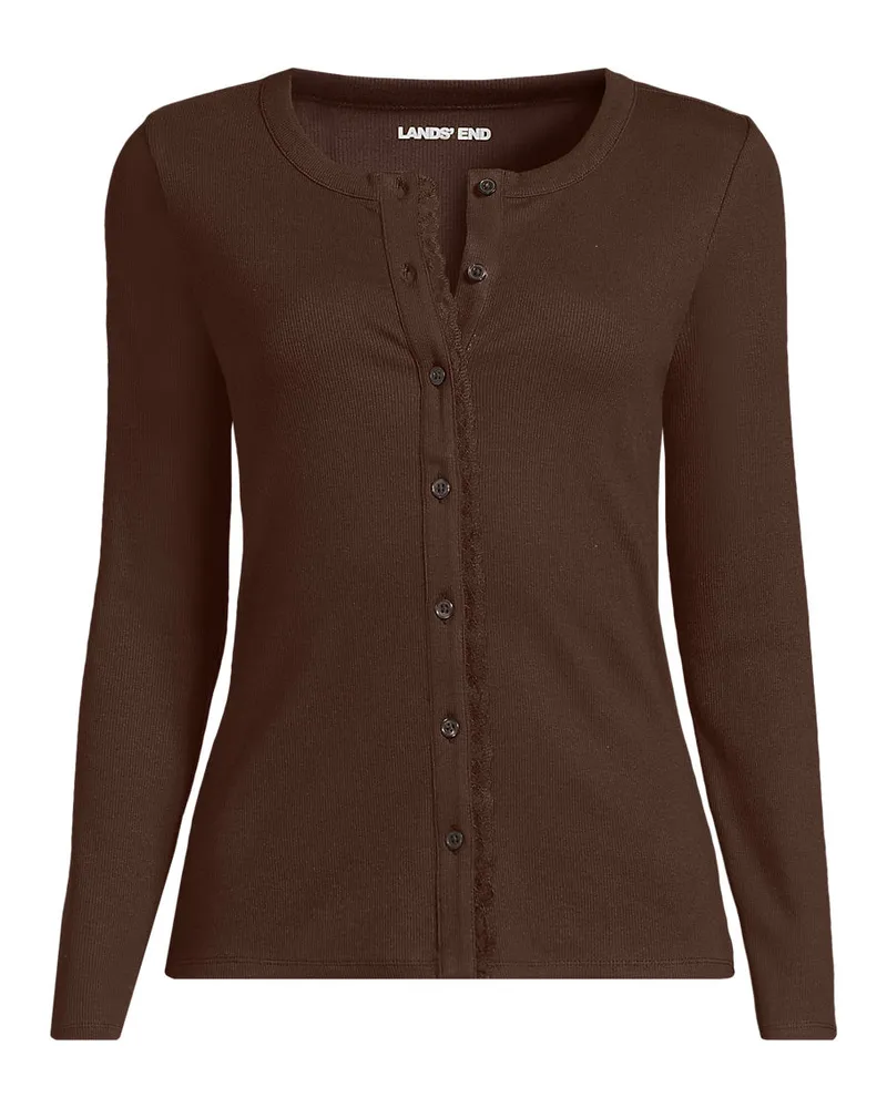Lands' End Langärmeliges Mikroripp-Top mit Knöpfen, Damen, Größe regular, Braun, Baumwoll-Mischung, by Braun