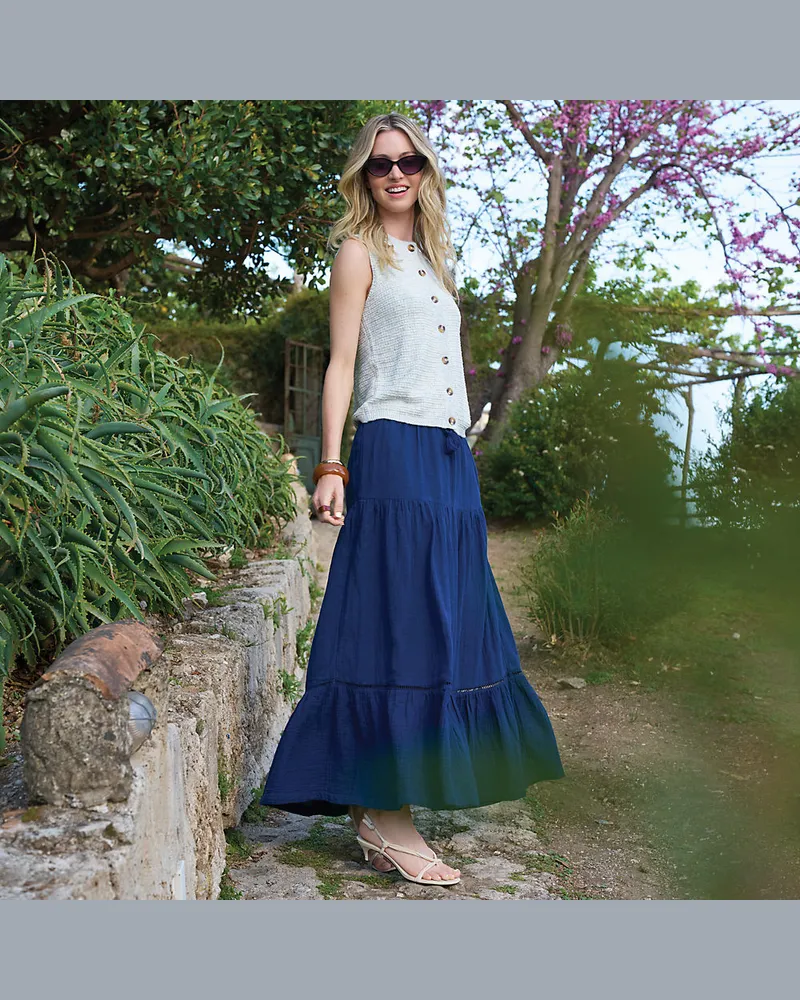 Lands' End Maxi-Stufenrock aus Musselin, Damen, Größe regular, Blau, Baumwolle, by Blau